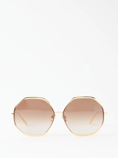 Linda Farrow Camila Oversized Hexagonal Titanium Sunglasses In Gold Brown