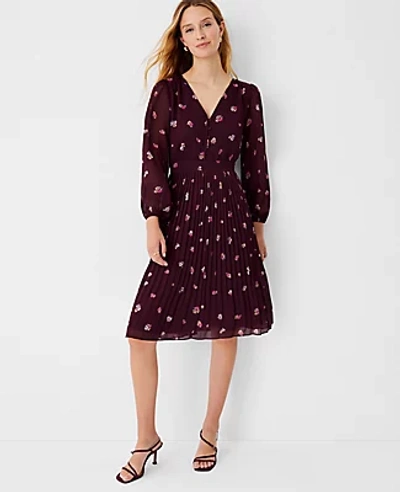 Ann Taylor Floral Pleated Flare Dress In Plum Rose