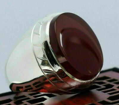 Pre-owned Handmade Yamani Aqeeq Ring Blood Red Agate Sterling Silver Mens Rings Shia Rings...
