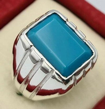 Pre-owned Handmade Beautiful Turquoise Ring Rectangular Jewelry Birthstone Gifts Mens  Ring