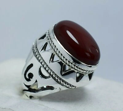 Pre-owned Handmade Brown Red Yemeni Aqeeq Ring Agate Akik Aqiq Sterling Silver Mens Rings Jewelry
