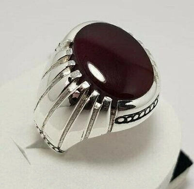 Pre-owned Handmade Blood Red Aqeeq Ring Akik Agate Jewelry 925 Sterling Silver Mens Stone Jewellery