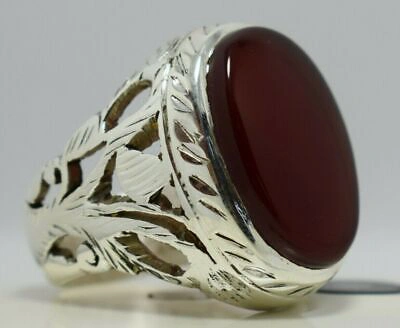 Pre-owned Handmade Aqeeq Ring Blood Red Akik Aqiq Agate Mens Jewelry Shia Rings Yemeni Aqeeq Stone
