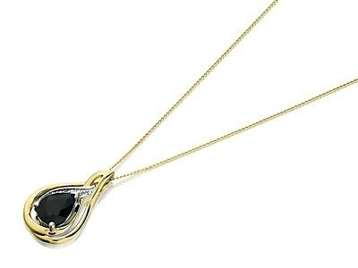 Pre-owned F.hinds Womens 9ct Gold Black Sapphire And Diamond Teardrop Necklace