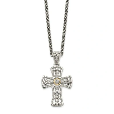 Pre-owned Accessories & Jewelry 925 Sterling Silver & 14k Gold 0.05 Ct. Diamond Cross 18" Necklace Shey Couture