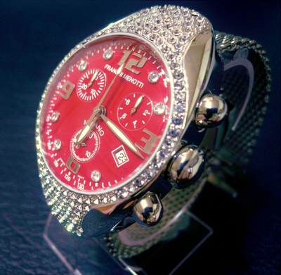 Pre-owned Franchi Menotti 9004 Swiss Chrono. Red Dial 'swarovski Crystals' & Mesh Bracelet