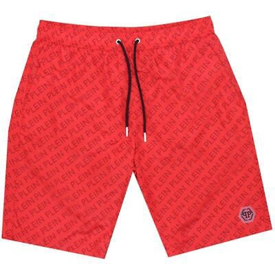 Pre-owned Philipp Plein Repetitive Logo Long Red Swim Shorts
