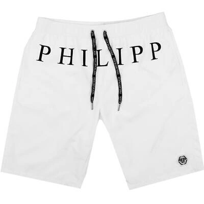 Pre-owned Philipp Plein Black Brand Logo White Swim Shorts