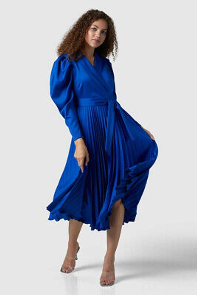 Pre-owned Closet London Blue Long Sleeve Pleated Wrap Midi Dress