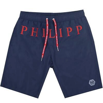 Pre-owned Philipp Plein Red Brand Logo Navy Blue Swim Shorts