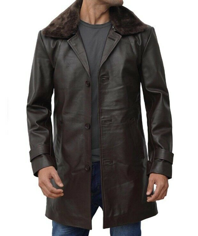 Pre-owned Plg Men Leather Coat Fur Collar Brown Jacket Real Cafe Sheep Skin Biker Motorcycle