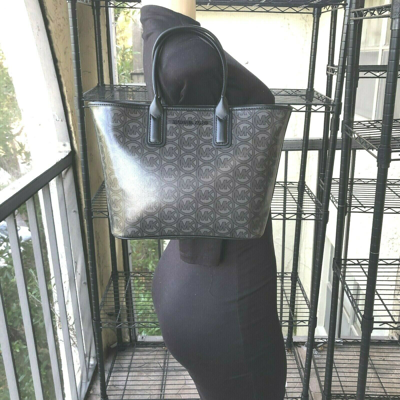 Pre-owned Michael Kors Women Small Jacquard Logo Tote Bag Handbag Shoulder Purse Black Mk