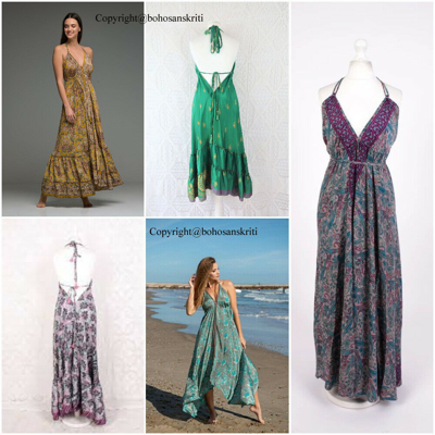 Pre-owned Handmade Indian Wholesale Women Silk Sari Halter Magic Summer Dresses Maxi Beach Dress