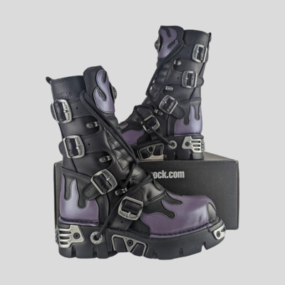 Pre-owned New Rock Rock Metallic Purple Flame Reactor Punk Gothic Boots / M-591-s5 / Bnib