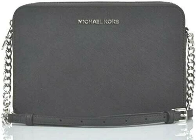 Pre-owned Michael Kors Women Leather Crossbody Bag Purse Messenger Handbag Black Silver Mk