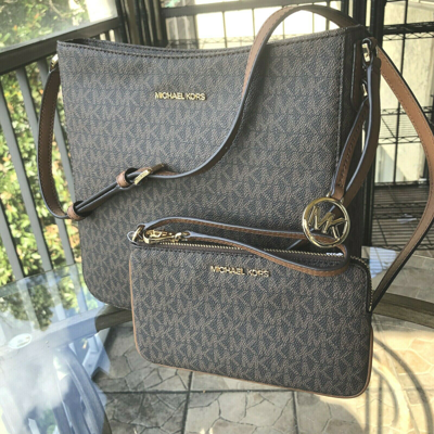 Pre-owned Michael Kors Pvc Leather Messenger Crossbody Purse Handbag Bag + Wristlet Wallet