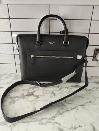 Pre-owned Michael Kors Greyson Pocket Briefcase Black Italian Leather Mens Laptop Bag