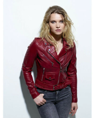 Pre-owned Noora Women's Stylish Burgundy Leather Jacket Soft Lambskin Leather Biker Moto Jacket