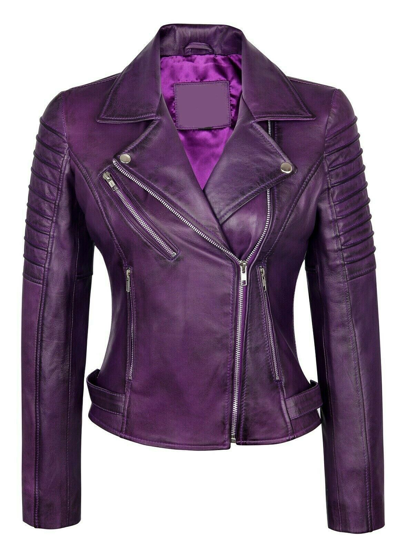 Pre-owned Noora Women's Stylish Motorcycle Biker 100% Real Lambskin Purple Leather Jacket