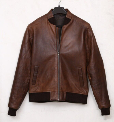 Pre-owned Noora Men's Bomber Lamb/ Sheep Skin Leather Motorcycle Slim Fit Biker Jacket