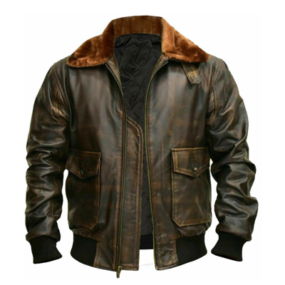 Pre-owned Cycle Shop G-1 Aviator Real Bomber Collar Fur Jacket Flight Distressed Brown Men's Leather