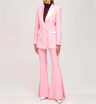 Pre-owned Fashion Pioneer Women Double Breasts Pink Mid-length Blazer + Mid-high Rise Flare Trousers Suit