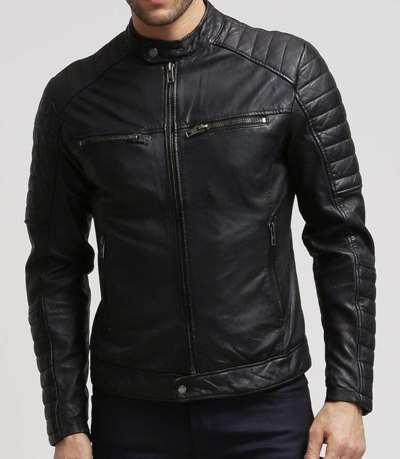 Pre-owned Royalleath Mens Vintage Black Genuine Leather Jacket Quilted Shoulder Jacket , Real Biker