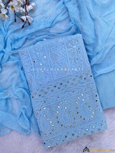 Pre-owned Handmade Powder Blue Un-stitched Mukaish Viscose Kurta With Dupatta Lucknow Chikankari