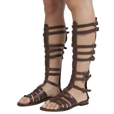 Pre-owned Sandali 100% Salento® Sandals Women's Gladiator High Buckle At Knees & Calf Leather