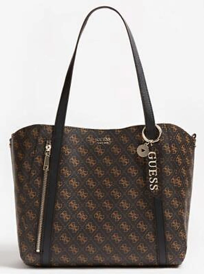 Pre-owned Guess Hwql7881230 Naya Womens Tote Bag With 4g Logo & Metal Charm In Brown Multi