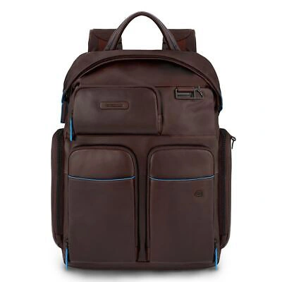 Pre-owned Piquadro Men Business Backpack  Blue Square Revamp Ca5573b2v Brown Leather Large