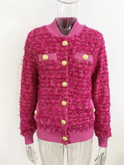 Pre-owned All Sizes Pink Knit Cardigan Blazer With Gold Buttons Designer Style Jacket