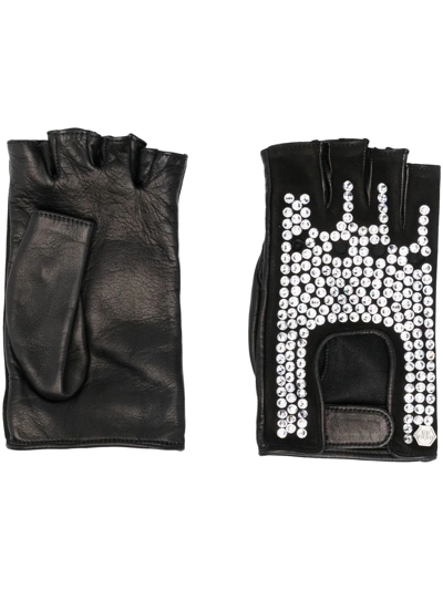 Philipp Plein Crystal-embellished Leather Gloves In Schwarz