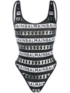 BALMAIN STRIPED LOGO-PRINT SWIMSUIT