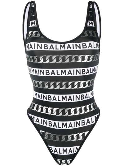 Balmain Logo-print Open Back Swimsuit In Black