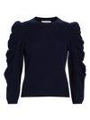 Frame Women's Cashmere-wool Shirred Sleeve Sweater In Navy