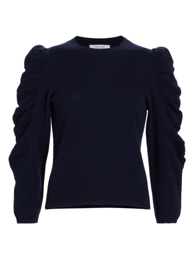 Frame Women's Cashmere-wool Shirred Sleeve Sweater In Navy