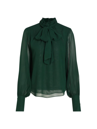 Frame Long-sleeve Silk Bow Blouse In Pine