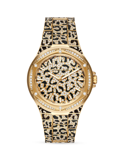 Michael Kors Women's Lennox Three-hand Black And Gold-tone Stainless Steel Bracelet Watch 43mm In Yellow Gold