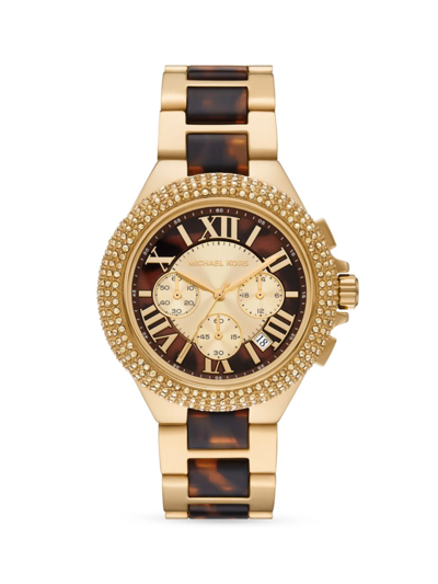 Michael Kors Women's Camille Chronograph Gold-tone Stainless Steel And Tortoise Acetate Bracelet Watch 43mm In Two-tone