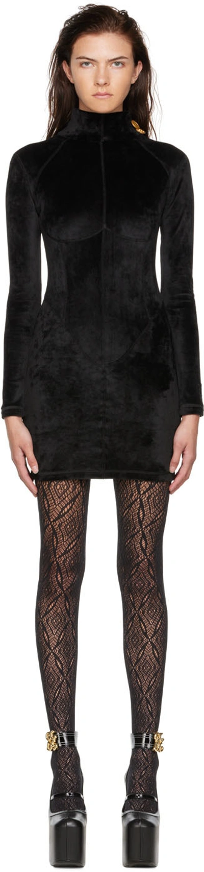 Gcds Long-sleeved Velvet Mini Dress In Black