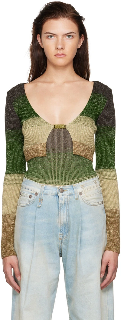Gcds Mini Gradient Cardigan With Logo Clip In Lurex Woman In Military Green,multicolor