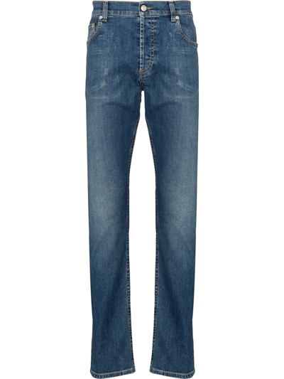 Alexander Mcqueen Straight-leg Embroidered-logo Jeans In Blue