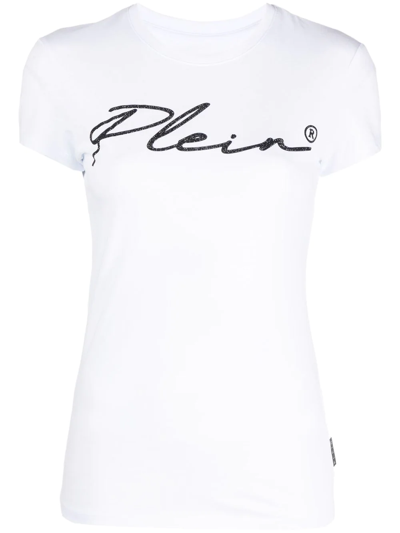 Philipp Plein Script Logo Crystal-embellished T-shirt In White