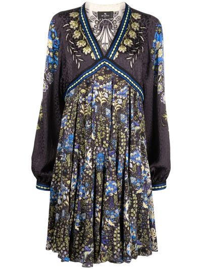 Etro Mixed Floral-printed Leopard Satin Jacquard Dress In Multicolour