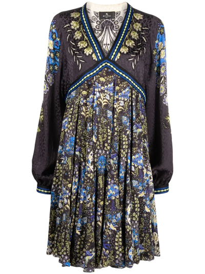Etro Mixed Floral-printed Leopard Satin Jacquard Dress In Black