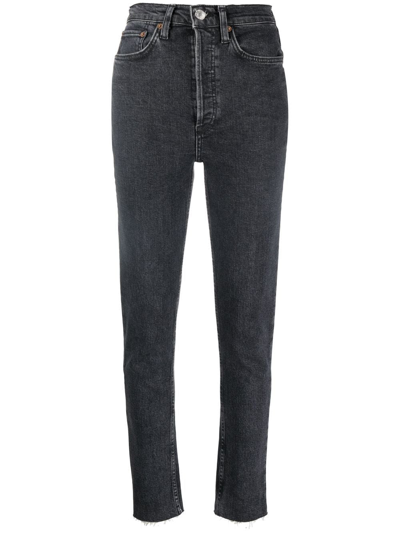 Re/done + Net Sustain 90s Cropped Frayed High-rise Skinny Jeans In Grey