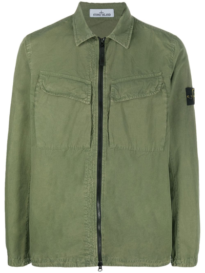 Stone Island Compass-logo Zip-up Shirt Jacket In Green