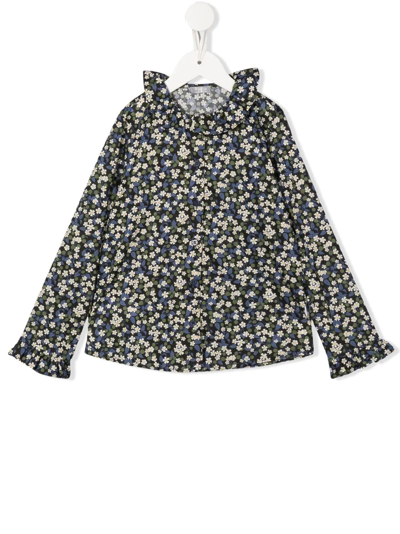 Il Gufo Kids' Floral-print Ruffle-collar Shirt In Multicolor
