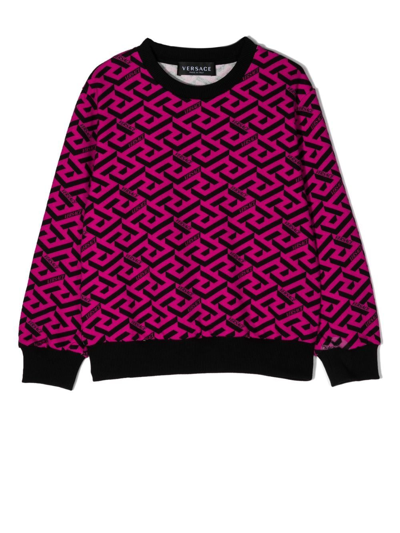 Versace Kids' Greca-print Cotton Sweatshirt In Fuchsia